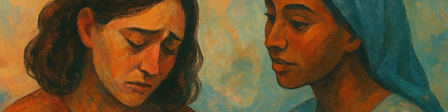 An artistic image showing two women, one looking upset and being comforted by the other