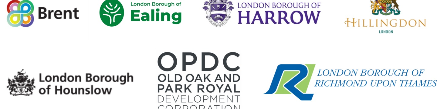 Logos of the 6 West London boroughs and of the Old Oak and Park Royal Development Corporation