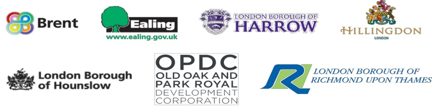 Logos of the 6 West London boroughs and of the Old Oak and Park Royal Development Corporation