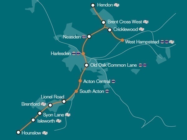 A line map showing train stops from Hendon to Hounslow on the proposed West London Orbital railway